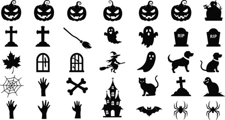 Halloween silhouettes set with pumpkins, ghosts, witch, haunted house, spider webs, bats, tombstones, festive spooky holiday vector illustration