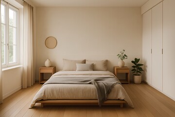 Calm Scandinavian Minimalist Bedroom with Neutral Tones, Light Wood Platform Bed, and Greenery
