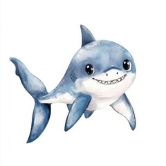 Obraz premium Friendly Blue Shark Smiling in Watercolor Style on a White Background