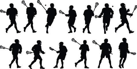 Obraz premium WebLacrosse silhouettes, players, stick, helmet, running, passing, shooting, vector, black, sport, action, gear