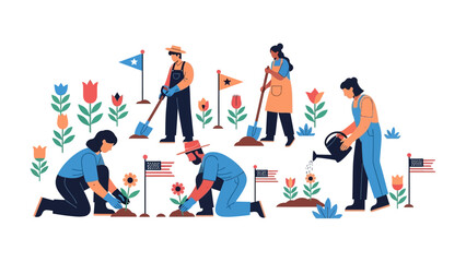 Obraz premium Community Garden: A vibrant illustration depicts a group of diverse individuals working together in a flourishing community garden, each tending to their plot with care.