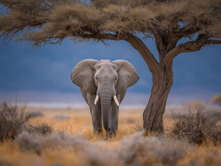 Obraz premium Majestic African elephant standing beneath a tree in a serene landscape, showcasing its grandeur and natural habitat in a tranquil environment with soft lighting