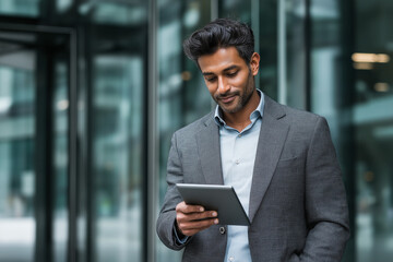 Man in patterned jacket looking at tablet outside modern building silhouette
