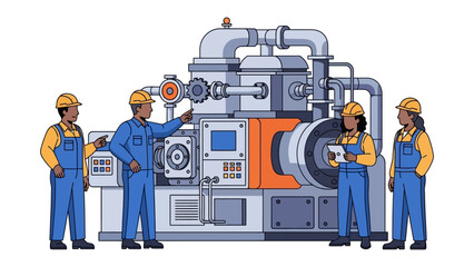 Team Inspecting The Industrial Machine: A diligent team, comprising four members wearing safety gear, is shown meticulously inspecting an intricate industrial machine.