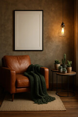 Stylish living room interior with brown leather armchair, cozy blanket, and blank frame ready for your personalized art or message for warm home concepts