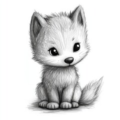 Obraz premium Stylized Kitten Charcoal Sketch Sitting Down with Detailed Fur on a White Background