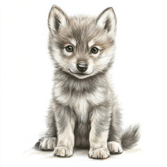 Obraz premium Adorable Wolf Cub Portrait with Detailed Fur Texture Sitting Comfortably