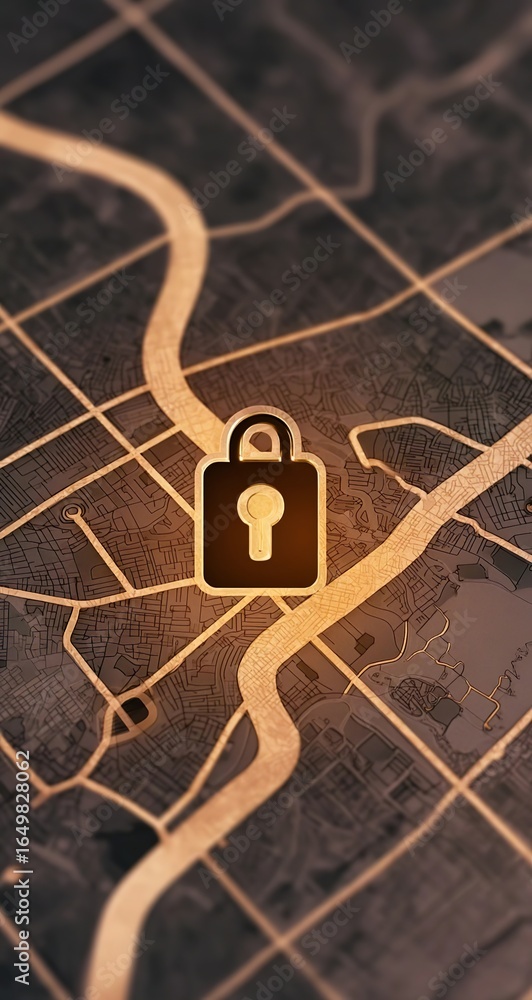 Poster vertical padlock on glowing digital network map representing cybersecurity