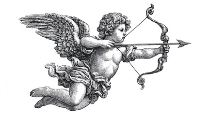 Classical engraving sketch of cupid angel with wings drawing bow and arrow in vintage style