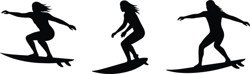Surfers, silhouette, surfboard, ocean, balance, pose, sport, vector, black, wave, action, stance