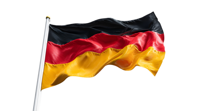 A dynamic shot of the german flag waving against a stark black background on a bright sunny day