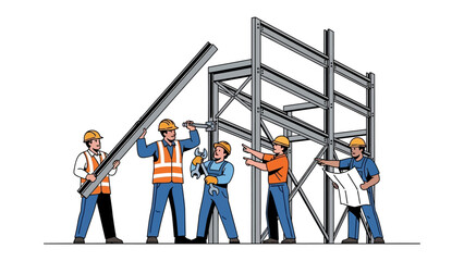Building a Structure: A group of construction workers collaborate to assemble a steel frame, symbolizing the process of development, creation and a collaborative construction site.