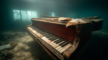 A grand piano resting at an angle in a large, flooded room, with rays of light filtering down from a distant window above.