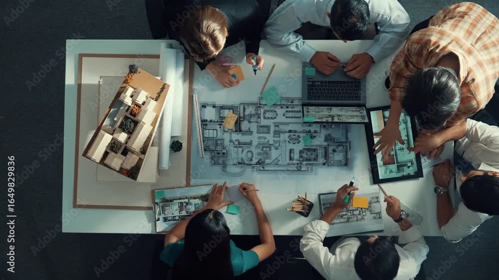Poster top aerial view of project manager or civil engineer writing at blueprint and planning building desi