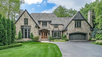 Obraz premium Luxury stone house, driveway, green lawn, trees, suburban setting; real estate listing