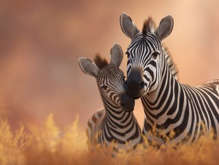 Fototapeta premium Two zebras, one adult and one juvenile, are nuzzling affectionately in a golden grassland, showcasing their striking black and white stripes in a warm, serene environment