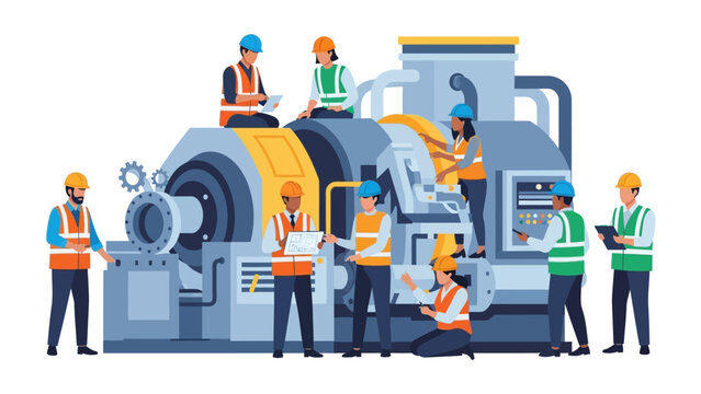 Industrial Engineers: A skilled and diverse team of industrial engineers working on machinery.