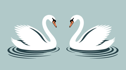 Naklejka premium Two white swans facing each other on water with a light blue background in a simple vector style