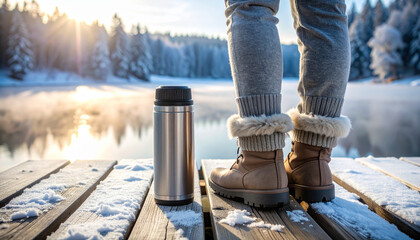 Person on snowy pier with winter boots and thermos
