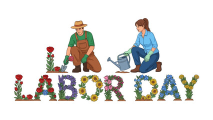 Blooming Tribute to Labor: A vibrant illustration celebrating Labor Day, depicting a man and a woman tending to a floral display forming the words LABOR DAY.