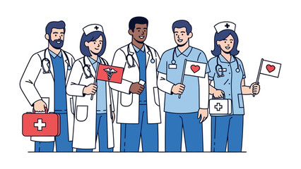 Healthcare Heroes United: A line-up of dedicated medical professionals, exuding compassion and expertise, each holding a symbolic emblem of care and dedication.