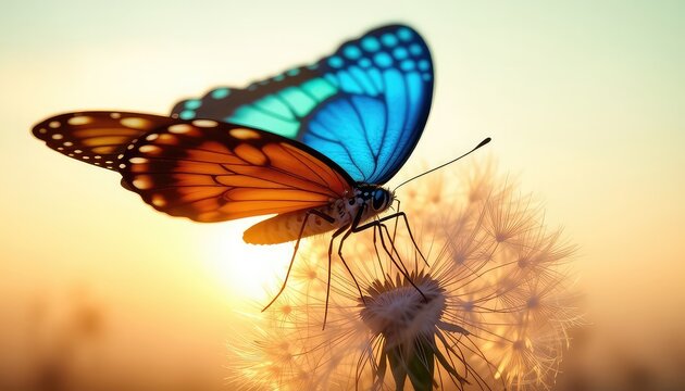 Fototapeta Close up of an orange and blue butterfly resting on a dandelion flower with a golden sunrise glow in the background