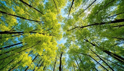 A canopy of trees bathed in sunlight reveals a glimpse of the bright blue sky above, creating a serene and peaceful atmosphere