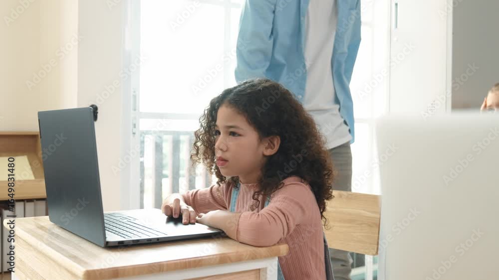 Poster caucasian teacher helping american student coding engineering prompt while diverse student using sof