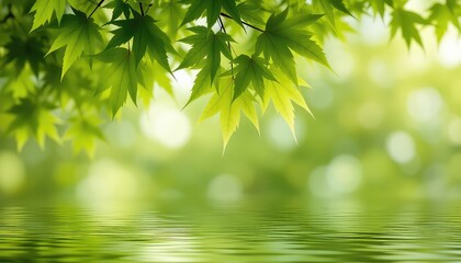 Gentle green foliage cascades over placid water, creating a serene and tranquil scene of delicate natural beauty and subtle reflections