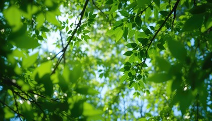 Looking Up Through Tree Branches to a Light Blue Sky With Vivid Green Leaves Creating a Peaceful and Natural Canopy
