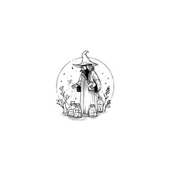 Fototapeta premium Illustration of a wizard in robes with potions and plants against a starry background design art