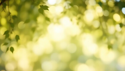 Fototapeta premium Soft morning light through the leaves creates a gentle bokeh background filled with shades of green and yellow