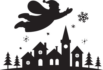 Santa flying over village silhouette vector illustration design
