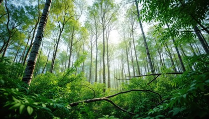 Ascending Verdant Canopy A Serene Glimpse into the Lushness of a Dense Forest Understory with Towering Trees and Bright Sky