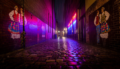 Rainy Night in a Cobblestone Alleyway: Vibrant Mural of Folk Dancers, Neon Lights, and Purple Ambiance.