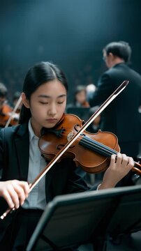 A young Asian teenager girl playing the violin in a school orchestra, with other musicians and the conductor in the background.
