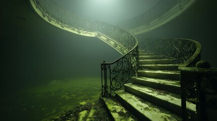 A grand, sweeping staircase in a flooded mansion, descending into complete darkness.
