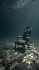 A single, ornate wooden throne, now completely submerged and resting on a silty floor.