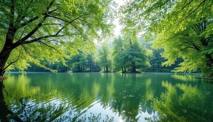 Fototapeta premium Verdant canopy frames serene lake waters with reflected trees, evoking peaceful natural beauty and tranquility under a bright, gentle sunlight