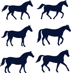 Black horse silhouette vector icon set for farm, stable, cowboy, and equestrian design projects.