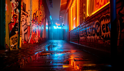 Moody Urban Alleyway at Night: Neon Lights, Graffiti, Wet Pavement, Cyberpunk Vibe