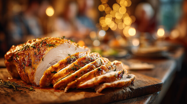 a freshly carved golden-brown roast turkey breast on a rustic wooden cutting board - Powered by Adobe