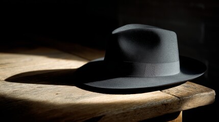 A classic, dark felt fedora hat placed on a simple wooden table. The focus is on the crisp edge of the shadow itself.