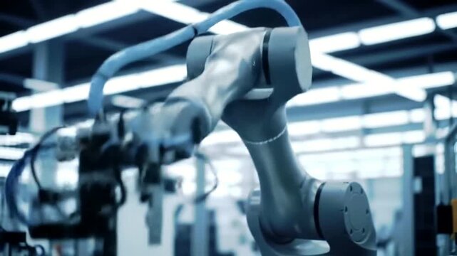 Industrial robotic arm working on an automated assembly line in a modern factory.