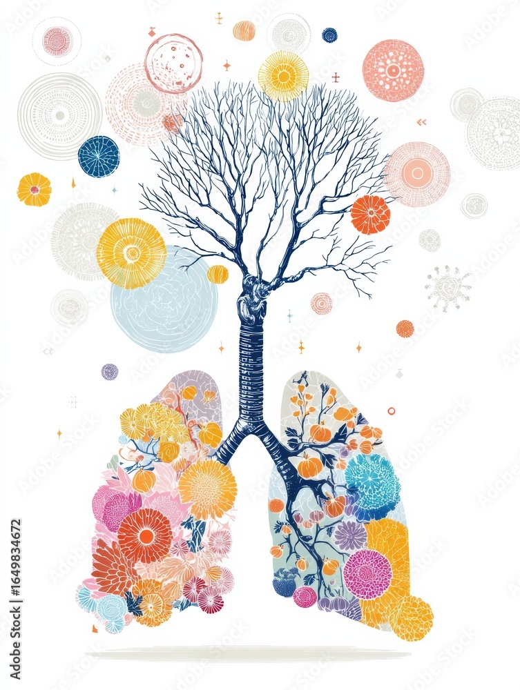 Poster Artistic Representation of a Tree Integrated With Abstract Lung Design Filled With Flowers and Colorful Patterns