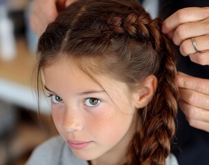 Fototapeta premium Close-up of a young girl with braids, looking at the camera while someone is styling her hair. Soft lighting and warm tones highlight her freckles and gentle expression. Childhood and care concept.