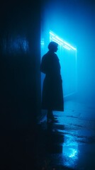 Photo of a figure's silhouette in a trench coat, standing on a dark, wet street corner with electric blue light of an unseen neon sign.