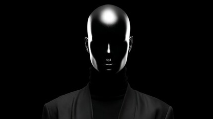 Surreal avant-garde portrait of a black mannequin against an airbrushed ultra-black backdrop, depth dissolved in bold void-like contrast.