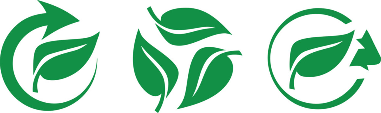 Green leaf and arrow icons for biodegradable recyclable organic bio labels package, recyclable and bio degradable package stamps, set recycle leaves label logo, leaf recycle, using recycled resources