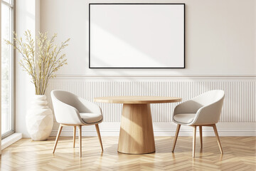 Minimalist Scandinavian interior with wooden round table, two modern armchairs, large frame on wall and plant in vase beside window in daylight. Ai generative